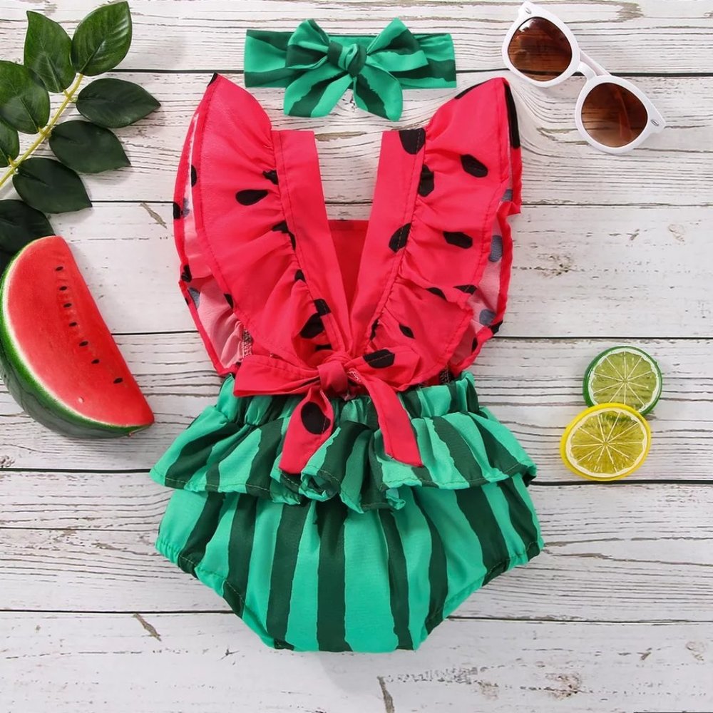Baby Girls Watermelon Ruffle Romper Sunsuit Jumpsuit Headband Outfit Set - Picture 3 of 6